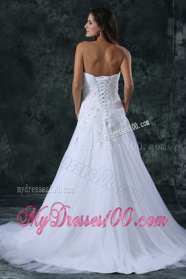 A-Line Sweetheart Beading Tulle Wedding Dress with Court Train