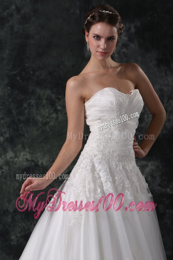 A-Line Sweetheart Court Train Appliques Lace Up Tulle Wedding Dress