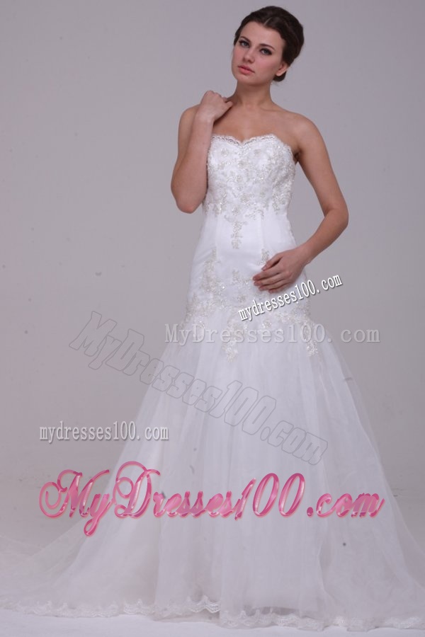 A-Line Sweetheart Tulle Appliques Tulle Wedding Dress with Court Train