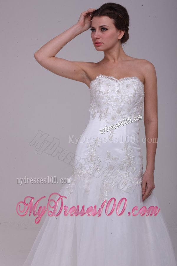 A-Line Sweetheart Tulle Appliques Tulle Wedding Dress with Court Train