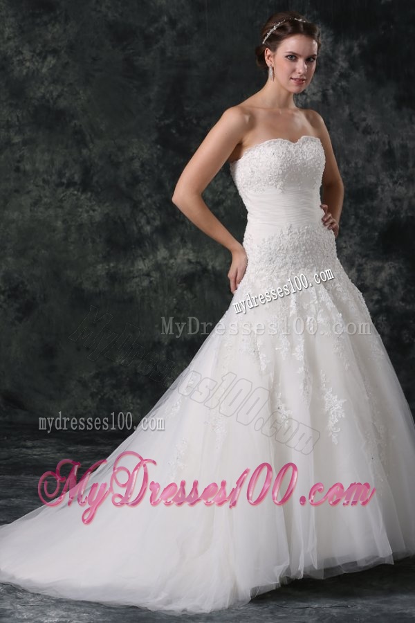 A-Line Tulle Sweetheart Court Train Beading Appliques Lace Up Taffeta Wedding Dress
