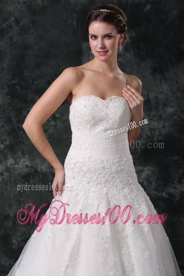 A-Line Tulle Sweetheart Court Train Beading Appliques Lace Up Taffeta Wedding Dress