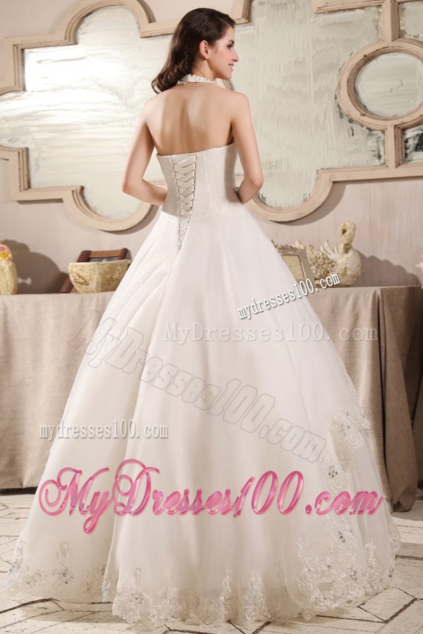 A-line Ivory Halter Top Appliques Floor-length Organza Wedding Dress