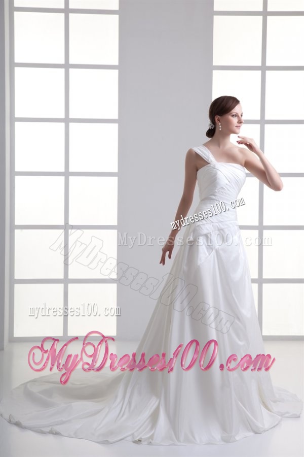 A-line One Shoulder Ruching Chiffon Court Train Wedding Dress