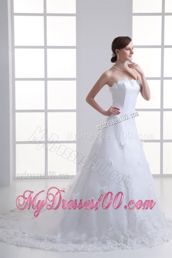 A-line Strapless Appliques Lace Court Train Wedding Dress