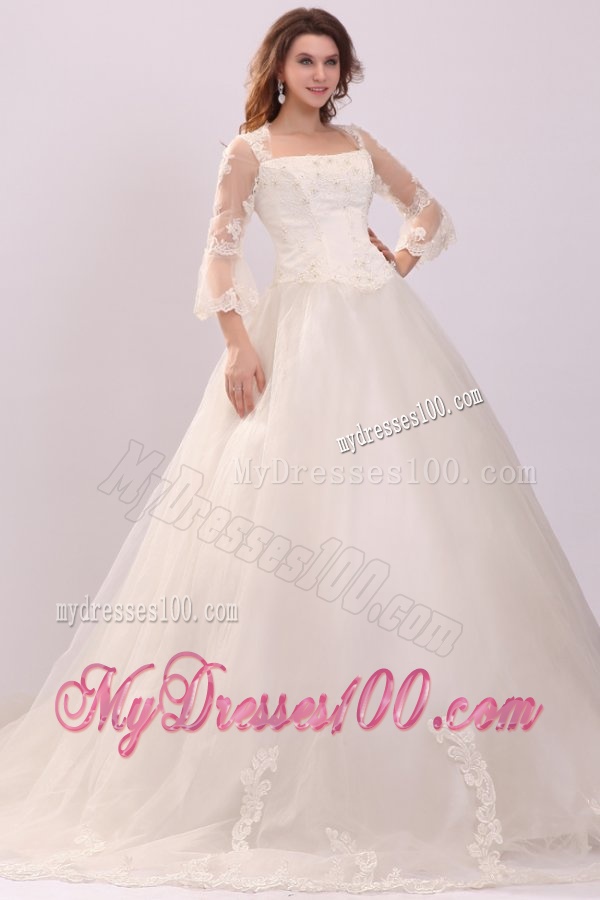 A-line Strapless Appliques Wedding Dress with 3/4 Length Sleeves