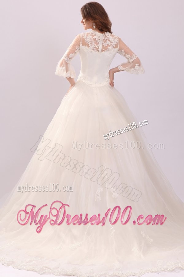 A-line Strapless Appliques Wedding Dress with 3/4 Length Sleeves