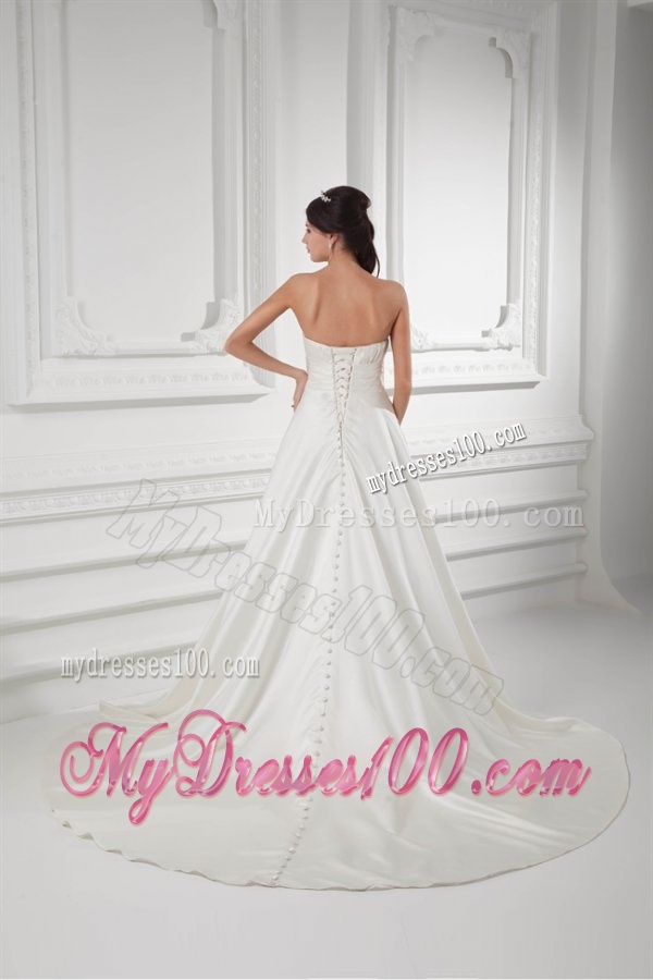 A-line Sweetheart Appliques and Ruching Satin Satin Wedding Dress
