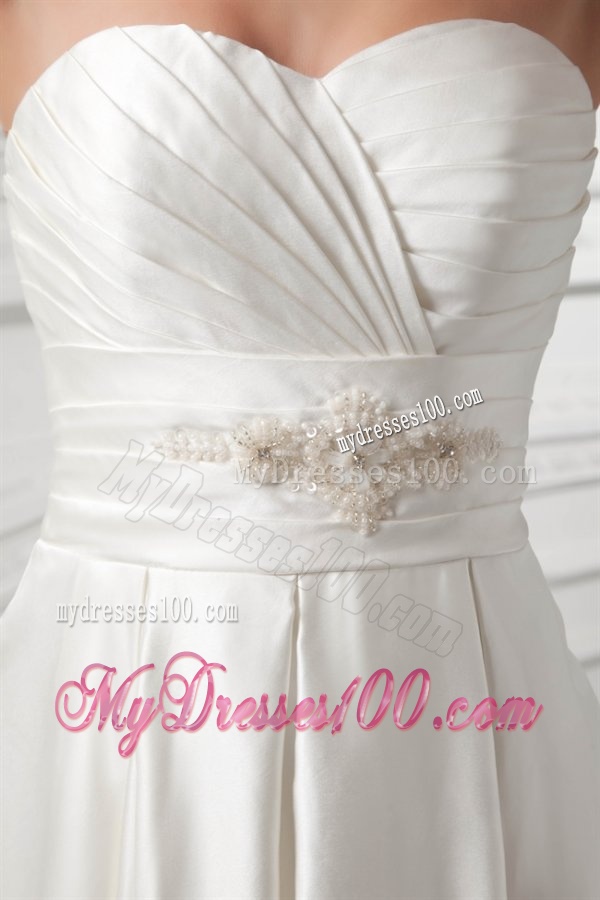 A-line Sweetheart Appliques and Ruching Satin Satin Wedding Dress
