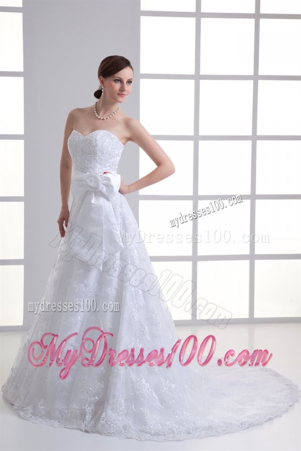 A-line Sweetheart Sash Lace Court Train Wedding Dress