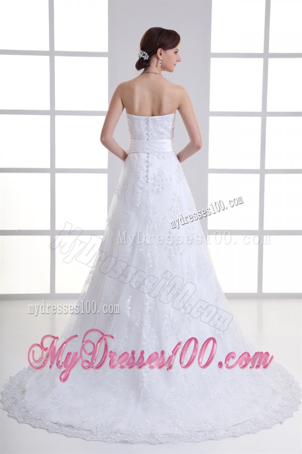 A-line Sweetheart Sash Lace Court Train Wedding Dress