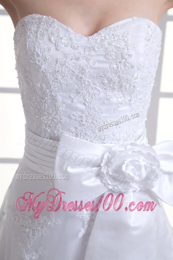 A-line Sweetheart Sash Lace Court Train Wedding Dress