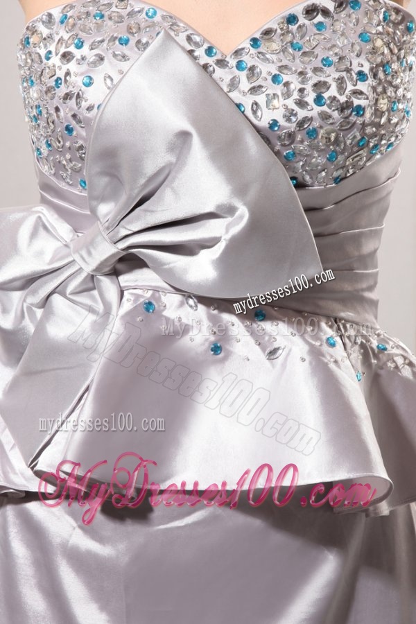 A-line Sweetheart Silver Beading and Ruching Bow Grey Wedding Dress