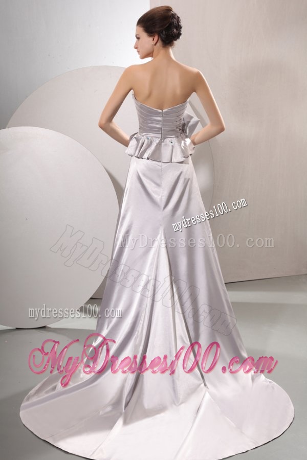 A-line Sweetheart Silver Beading and Ruching Bow Grey Wedding Dress