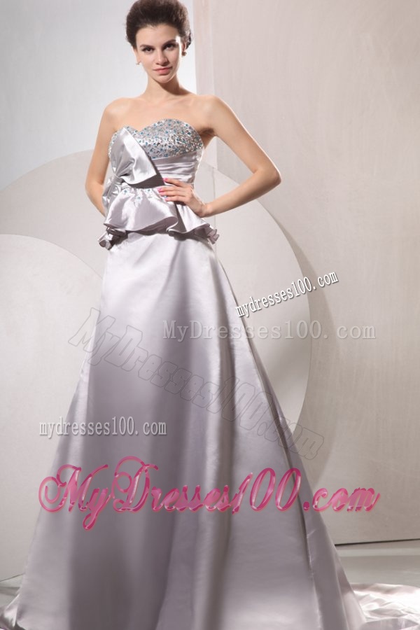 A-line Sweetheart Silver Beading and Ruching Bow Grey Wedding Dress