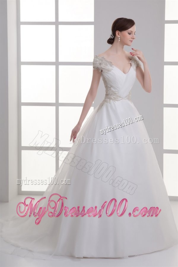 A-line V-neck Cap Sleeves Beading Tulle Court Train Wedding Dress