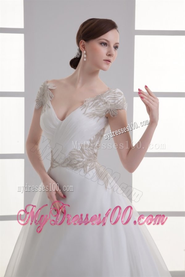 A-line V-neck Cap Sleeves Beading Tulle Court Train Wedding Dress