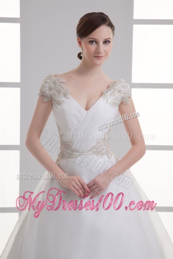 A-line V-neck Cap Sleeves Beading Tulle Court Train Wedding Dress