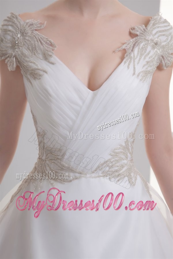 A-line V-neck Cap Sleeves Beading Tulle Court Train Wedding Dress