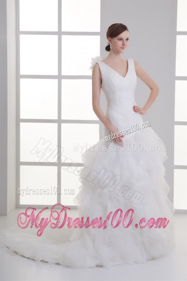 A-line V-neck Hand Made Flower Ruching Ruffles Court Train Wedding Dress