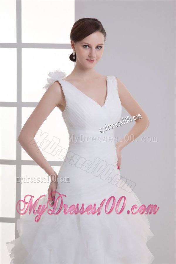A-line V-neck Hand Made Flower Ruching Ruffles Court Train Wedding Dress