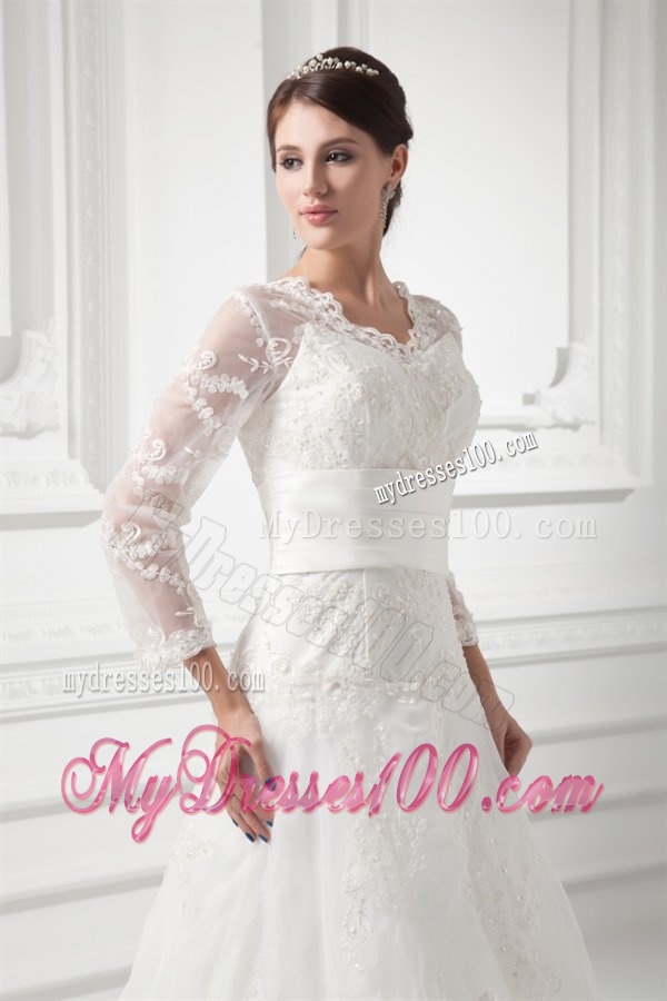 A-line V-neck Long Sleeves Lace Belt Court Train Wedding Dress