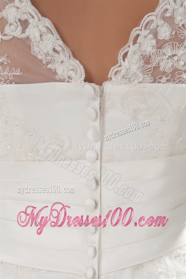 A-line V-neck Long Sleeves Lace Belt Court Train Wedding Dress