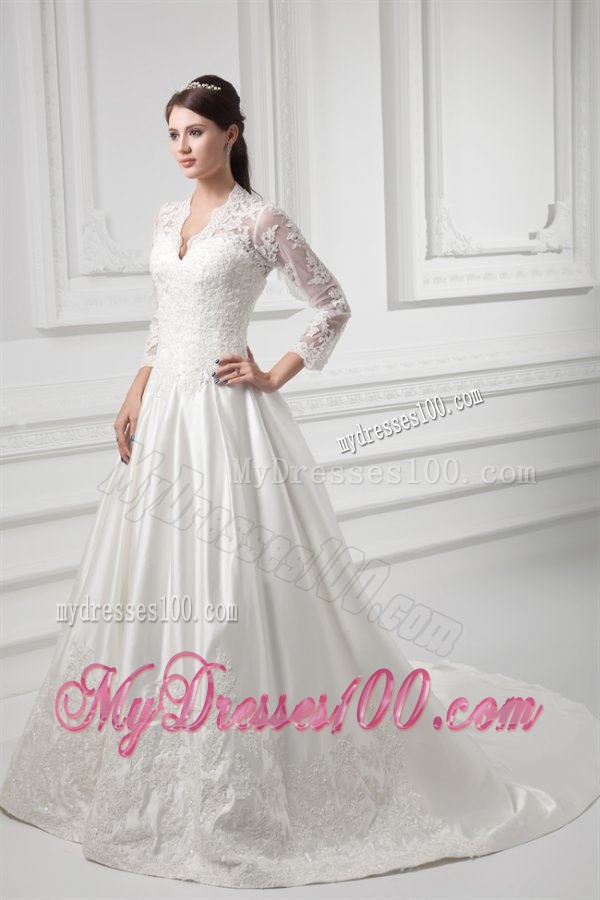 A-line V-neck Long Sleeves Satin Chapel Train Wedding Dress