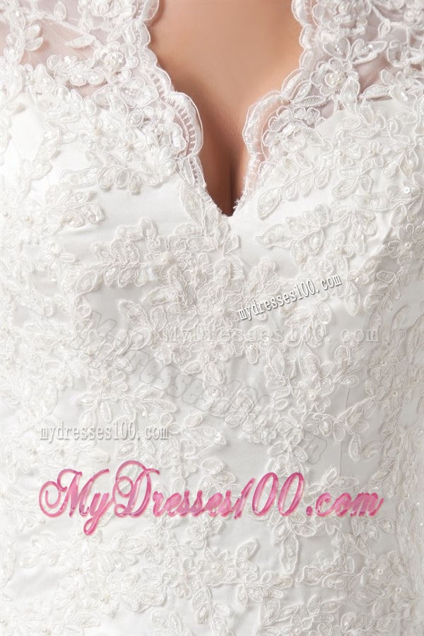 A-line V-neck Long Sleeves Satin Chapel Train Wedding Dress