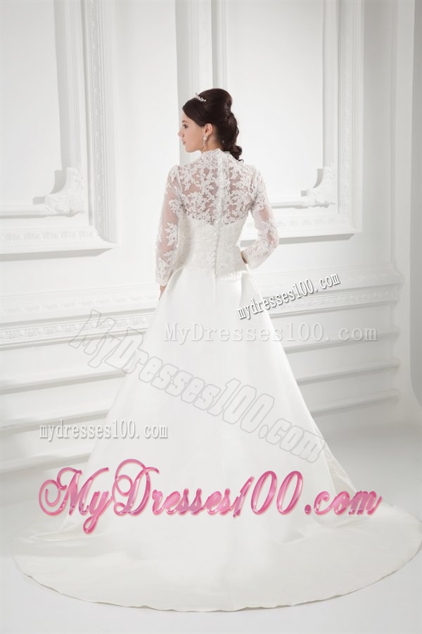 A-line V-neck Long Sleeves Satin Chapel Train Wedding Dress