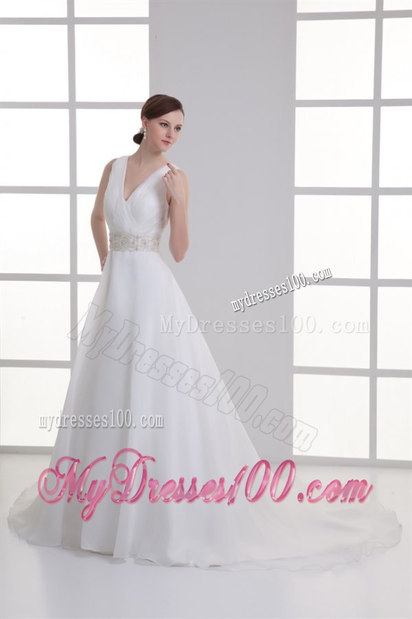 A-line V-neck Ruching Organza Beading Belt Court Train Wedding Dress