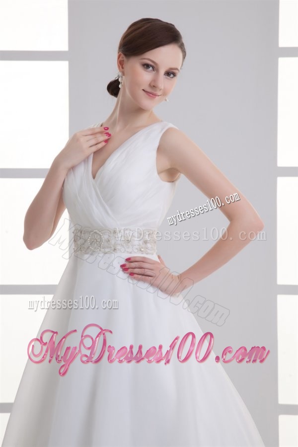 A-line V-neck Ruching Organza Beading Belt Court Train Wedding Dress