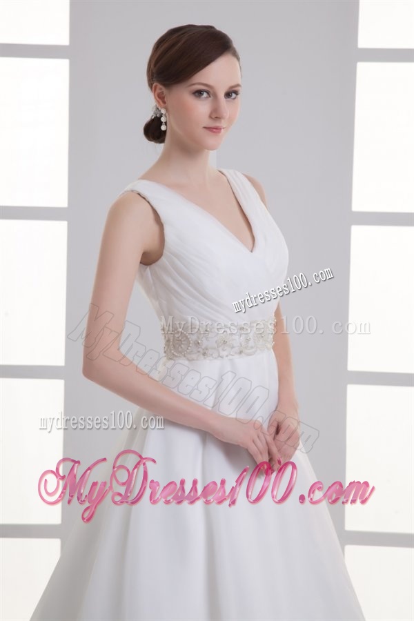 A-line V-neck Ruching Organza Beading Belt Court Train Wedding Dress