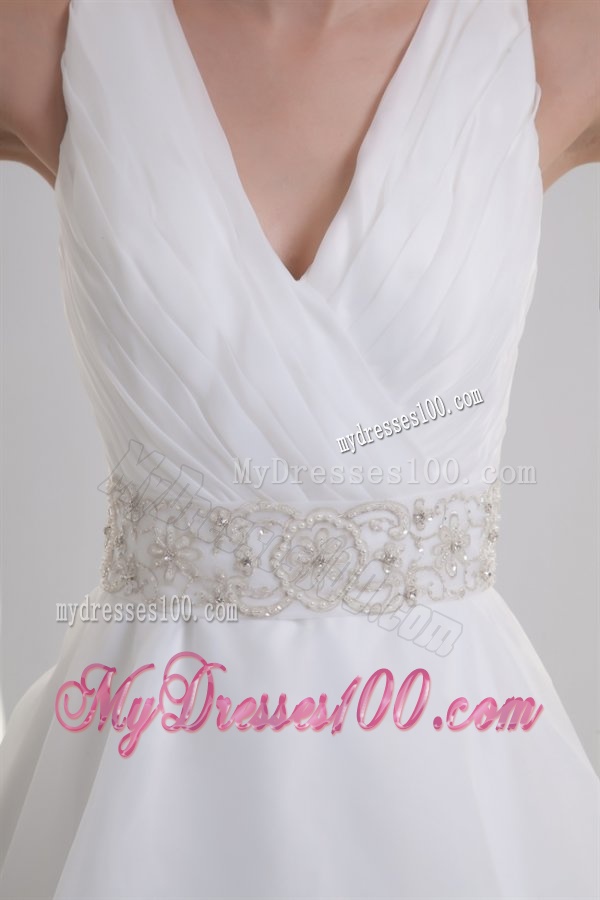 A-line V-neck Ruching Organza Beading Belt Court Train Wedding Dress