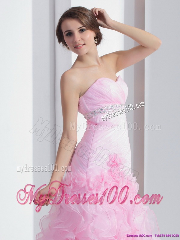 Baby Pink Sweetheart Ruching Wedding Dresses with Ruffles and Beading