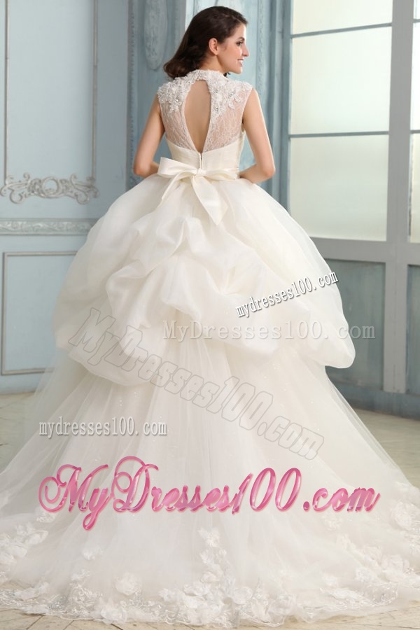 Ball Gown High Neck Beading and Flowers Wedding Dress with Organza
