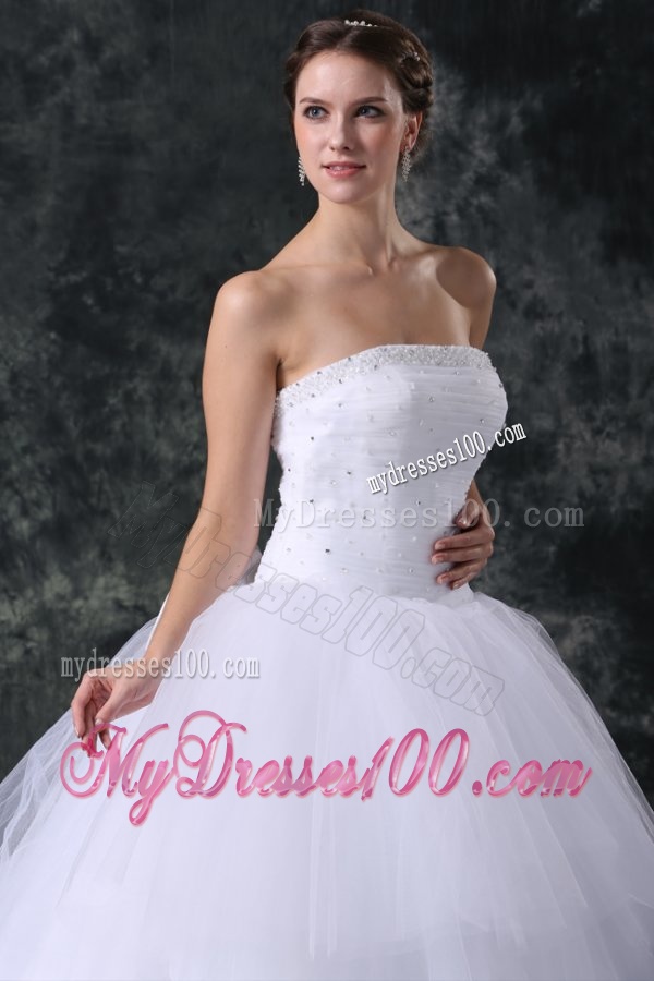 Ball Gown Strapless Court Train Beading Lace Up Tulle Wedding Dress