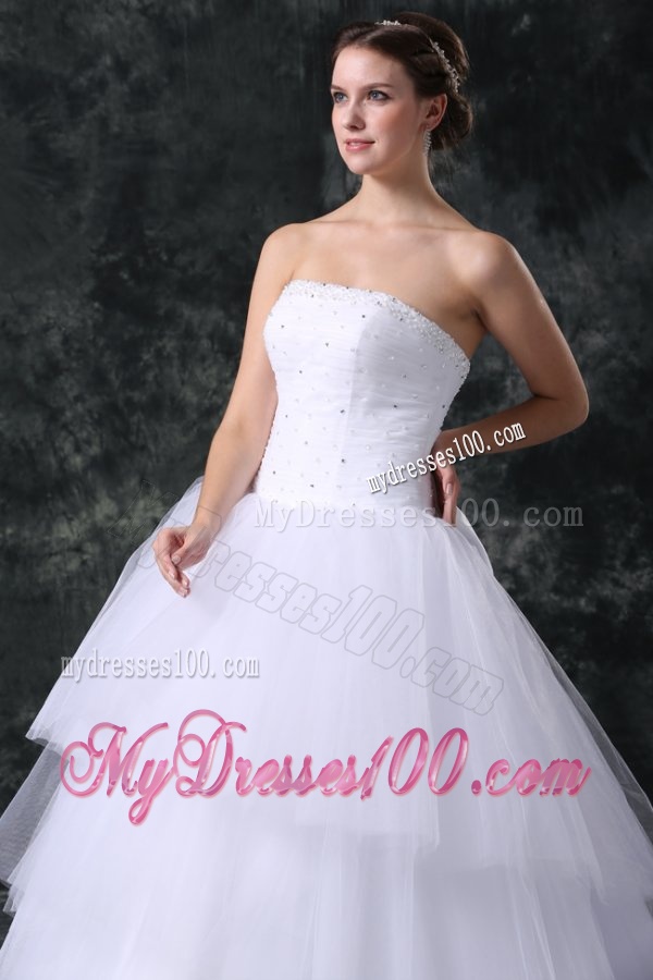 Ball Gown Strapless Court Train Beading Lace Up Tulle Wedding Dress