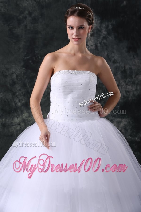 Ball Gown Strapless Court Train Beading Lace Up Tulle Wedding Dress