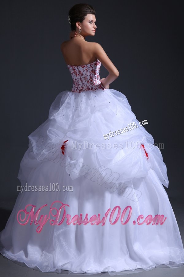 Ball Gown Sweetheart Organza Wedding Dress with Red Embroidery