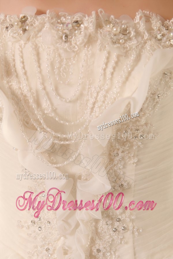Beaded Decorate Bodice Strapless Ball Gown Tulle Wedding Dress
