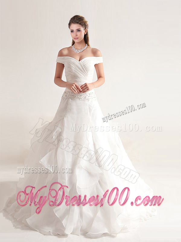 Beautiful A Line Off the Shoulder Wedding Dresses with Beading and Ruffles