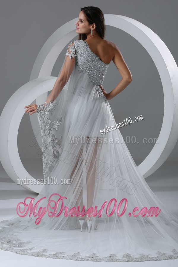 Beautiful A-line One Shoulder Chapel Train Wedding Dress with Side Zipper