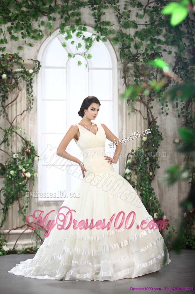 Beautiful White Straps Ruffled Bridal Dresses with Brush Train