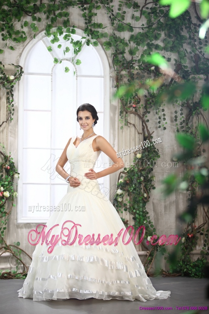 Beautiful White Straps Ruffled Bridal Dresses with Brush Train