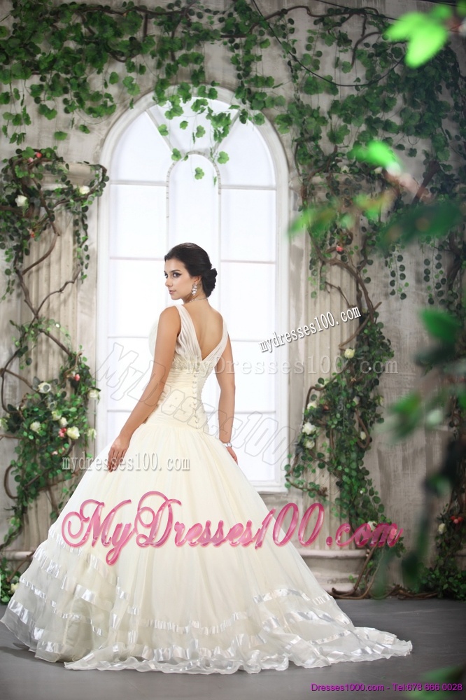 Beautiful White Straps Ruffled Bridal Dresses with Brush Train