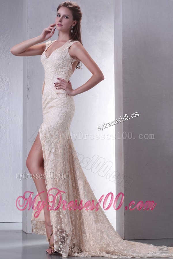 Champagne Column V-Neck Brush Train Short Sleeves Lace Wedding Dress with Lace Up