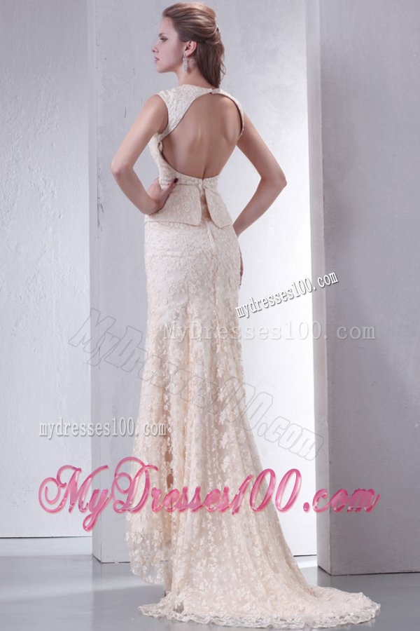 Champagne Column V-Neck Brush Train Short Sleeves Lace Wedding Dress with Lace Up