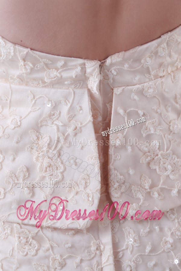 Champagne Column V-Neck Brush Train Short Sleeves Lace Wedding Dress with Lace Up