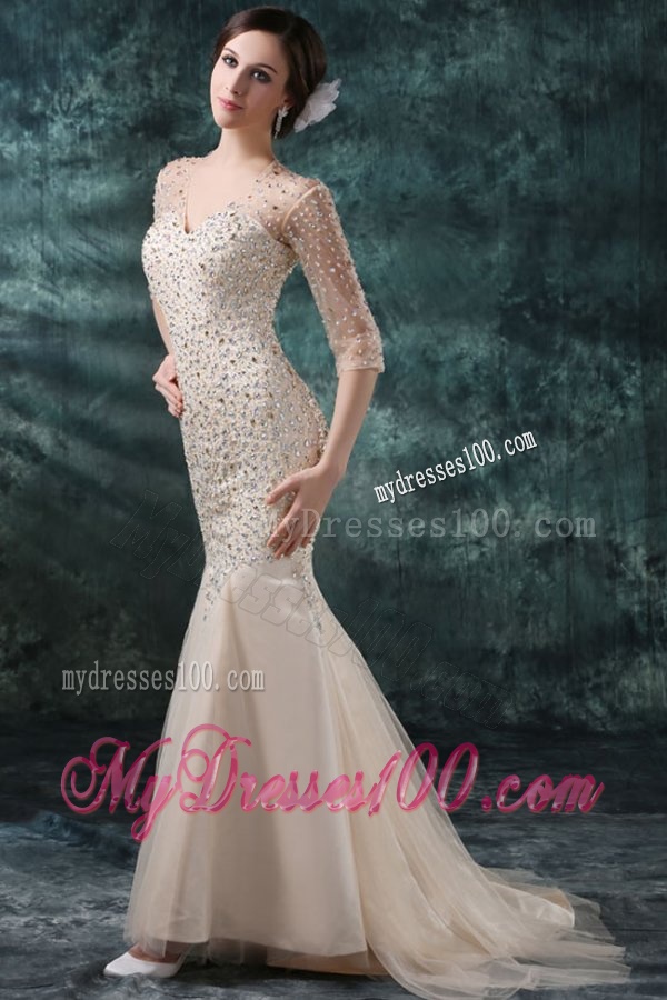 Champagne Mermaid Sweetheart V-neck Wedding Dress with Beading